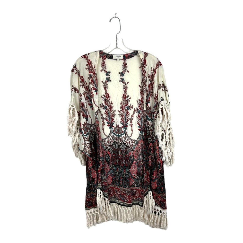 Umgee Boho kimono cardigan Sz M L ivory Red print tassel fringe hem paisley